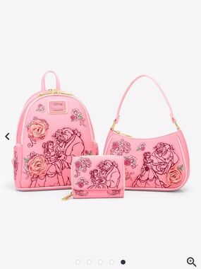 Loungefly Disney Beauty and the Beast Pink Roses Mini Backpack/Crossbody/Wallet